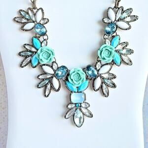 Joan Rivers Floral Bib Statement Necklace Turquoise Rose w Original Box